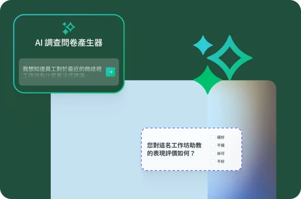 AI 調查問卷產生器的提示方框中寫著「我想知道員工對於最近的微歧視工作坊有什麼看法或建議」,旁邊有一道問題詢問「您對這名工作坊助教的表現評價如何」