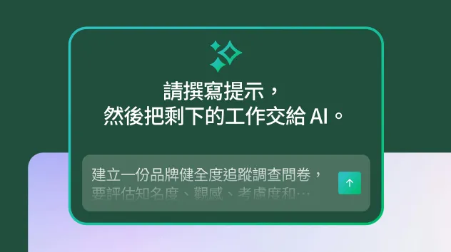 螢幕畫面上呈現 AI 提示框和「請撰寫提示，然後把剩下的工作交給 AI。」的文字，下面顯示關於建立品牌健全度追蹤調查問卷的範例提示。