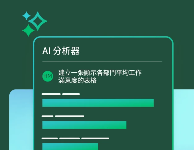 AI 分析器提示：「建立一張顯示各部門平均工作滿意度的圖表」，以及分析結果的長條圖預覽畫面。