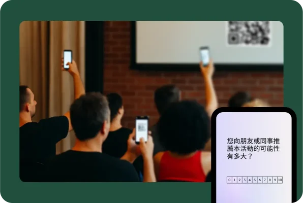 活動來賓用手機掃描投影螢幕上的 QR 碼,旁邊顯示一道調查問卷問題詢問「您向朋友或同事推薦本活動的可能性有多大」
