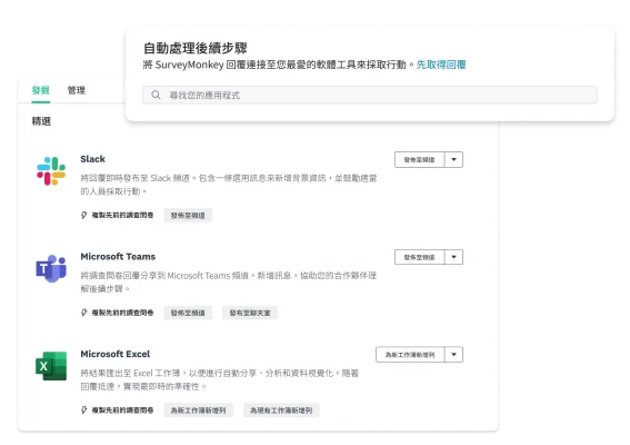 螢幕擷取螢幕上呈現適用於 SurveyMonkey 的 Slack、Microsoft Teams 和 Excel 應用程式