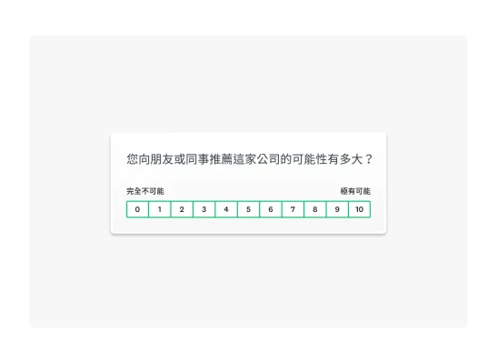 螢幕擷取畫面上呈現 NPS 問題範例要求以 1 到 10 分來評分