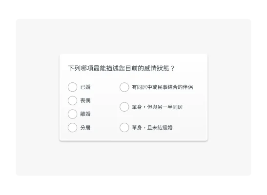 人口統計區隔問題範例:下列哪項最能描述您目前的感情狀態?