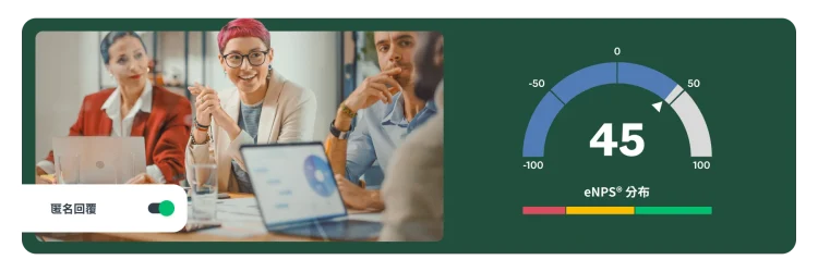 三個人坐在桌子前,旁邊顯示員工 NPS 分數儀表
