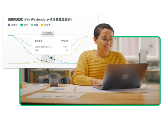 一名女性在筆電前工作,旁邊有圖表顯示根據回覆分析出的最佳價格點