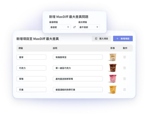 螢幕擷取畫面上呈現功能優先排序解決方案的步驟,包含新增 MaxDiff 問題及新增不同項目的功能