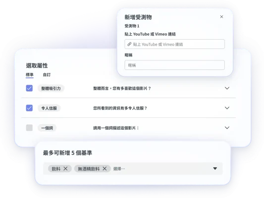 影片廣告測試解決方案步驟的螢幕截圖,顯示新增 YouTube 影片連結、選擇測試屬性,以及最多可新增 5 個基準