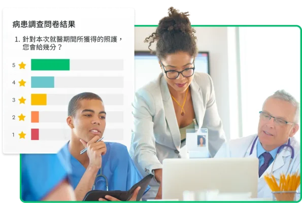 一名女性指著電腦螢幕,畫面上顯示病患調查問卷結果