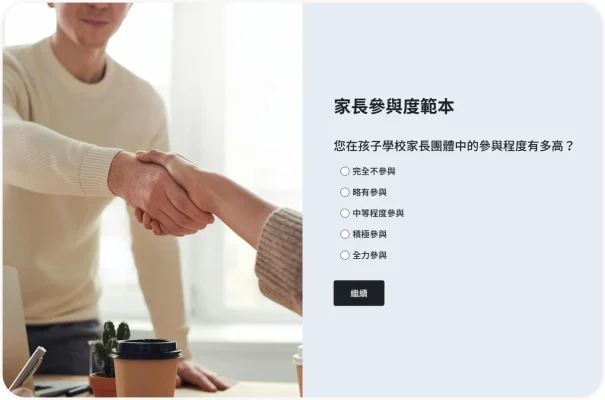 詢問「自孩子的學校設立家長團體以來,您的參與程度有多高?」的家長參與度調查問卷