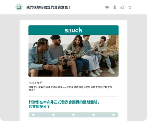 個人化的 Snuck 非正式發表活動調查問卷電子郵件邀請,包含一張影像和客戶的名字。
