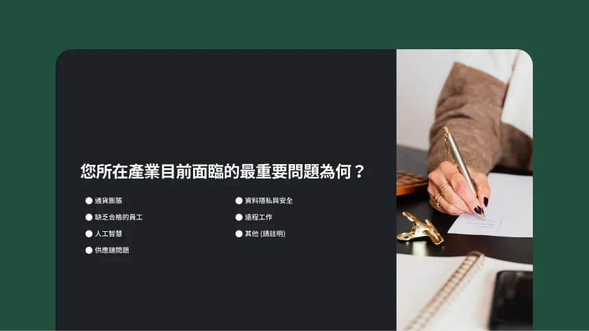 調查問卷問題，詢問您的產業目前面臨的最重要問題為何