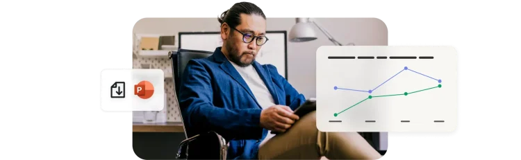 CSAT (客戶滿意度分數) 分析控制面板顯示著每月產品滿意度趨勢,旁邊有 PowerPoint 匯出選項