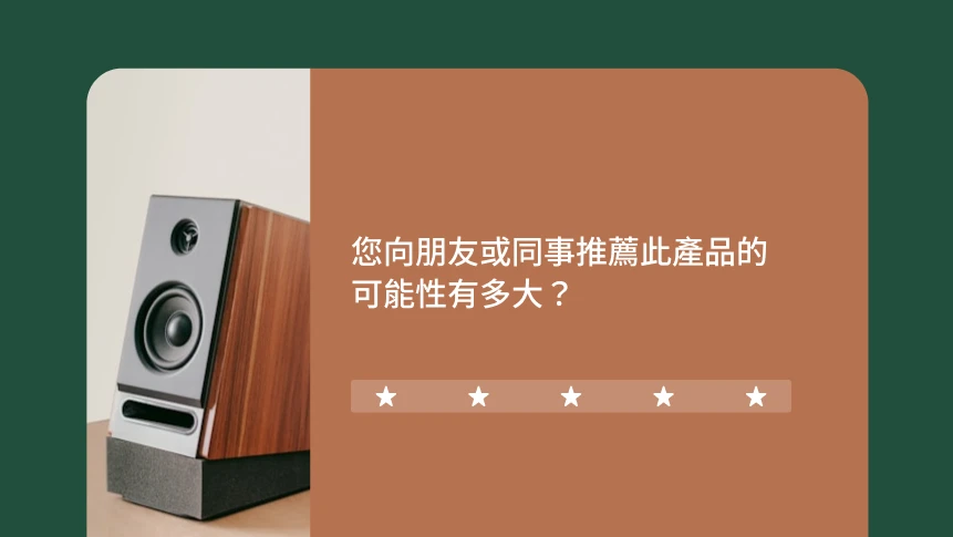 一份包含喇叭影像且使用 5 星評分制的產品推薦調查問卷。