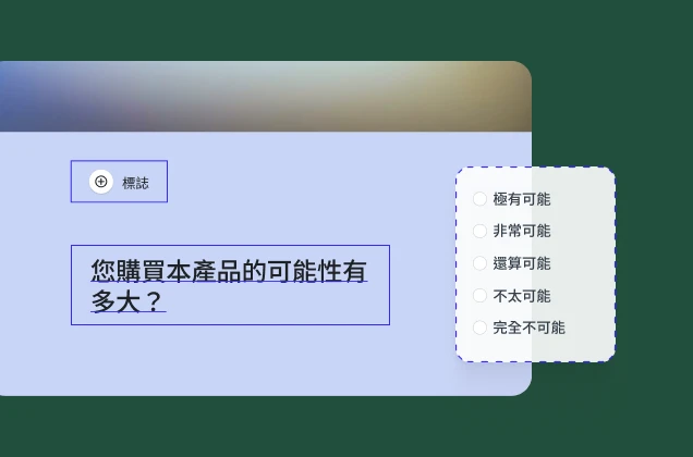 包含「您購買本產品的可能性有多大？」問題的調查問卷表單，並附有 5 分制評分量表。顯示標誌的預留位置。