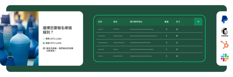 螢幕畫面上呈現活動報名表選項、參加者資料表,以及整合功能標誌。