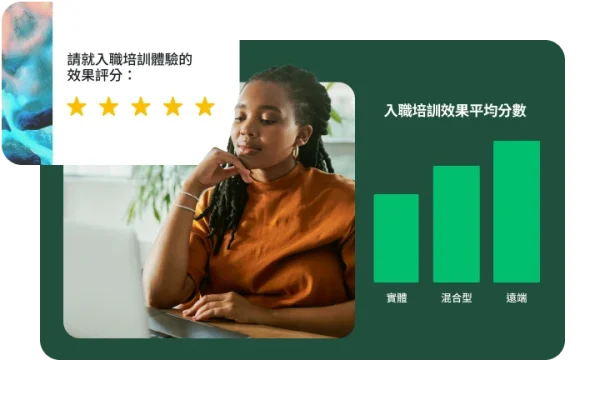 一名女性坐在桌前看著筆記型電腦,左邊有一道星級評分問題,右邊則顯示入職培訓成效分數的長條圖。