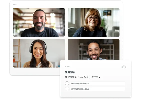 螢幕上有四個人在開視訊會議,旁邊漂浮著顯示調查問卷的產品螢幕擷取畫面