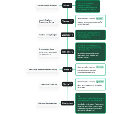 Infographic of a 90-day roadmap, showing weekly steps for issuing surveys, analysing and next steps