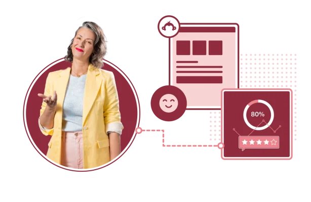 A woman smiling and dressed in a yellow suit next to a star rating showing 80% and a feedback form with a smiley face emoji.