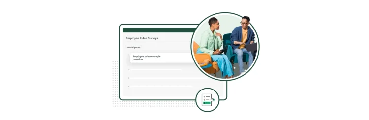 An employee pulse survey template next to an image of two colleagues.
