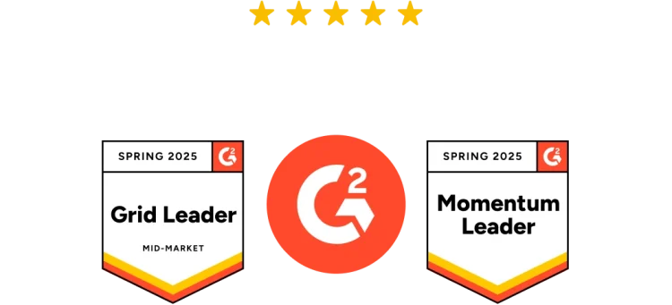 Two G2 award badges for spring 2025: Grid Leader and Momentum Leader