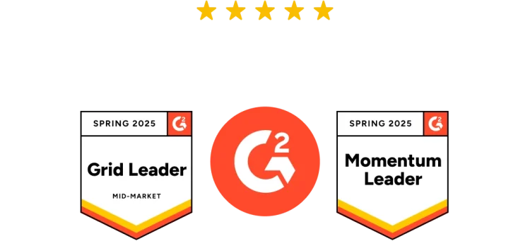A G2 review graphic with five stars and two award badges – ‘Grid Leader’ and ‘Momentum Leader’ – both for spring 2025.