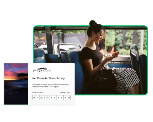 A woman sitting on a bus looking at her mobile phone with a floating image of a Greyhound customer survey