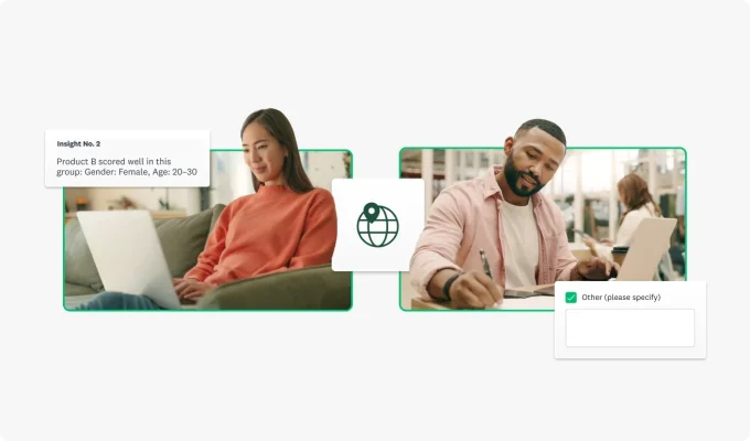 Separate images of a woman and a man working on laptops with an example of a key insight from a survey analysis report to the left of the woman and an "Other (please specify)" text box to the right of the man. There is a globe icon with a location pin between the two images.