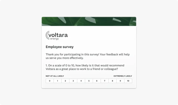 An eNPS survey question asking how likely it is that the recipient would recommend the company as a great place to work