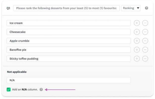 Including the N/A option in a ranking question
