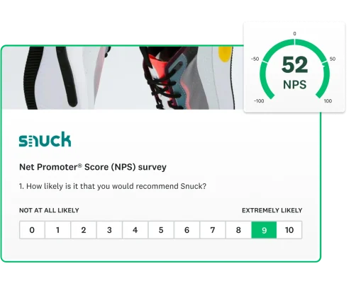 A screenshot of a Net Promoter Score survey question next to a final NPS of 52