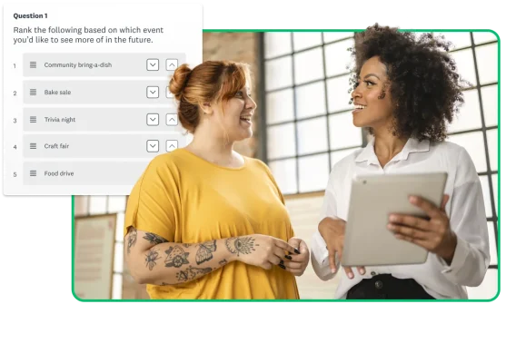 Two non-profit employees reviewing survey results on a tablet next to a screenshot saying “Rank the following based on which event you’d like to see more of in the future.”