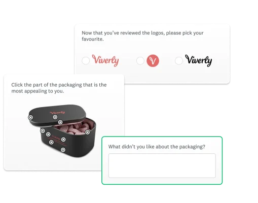 Three survey questions: a multiple choice question asking about your favourite logo; a clickable question asking about the part of the packaging that is most appealing; and a text box question asking what you don’t like about the packaging