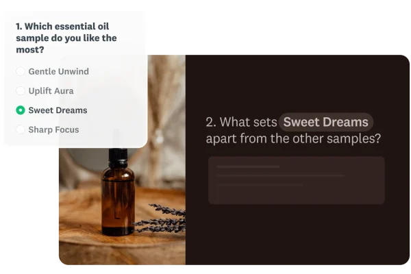 "A survey demonstrating advanced piping, where selecting the ""Sweet Dreams"" essential oil sample leads to a follow-up question referencing ""Sweet Dreams.""
"