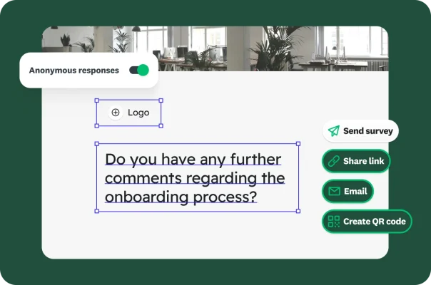 An onboarding survey creation screen with options to send, share and make responses anonymous