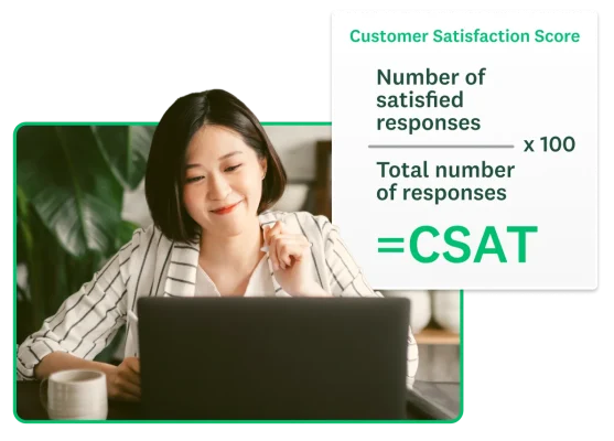 Woman working on a laptop with a screenshot of a CSAT formula floating beside her.