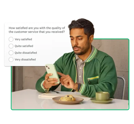 A man typing on a smartphone next to a survey question