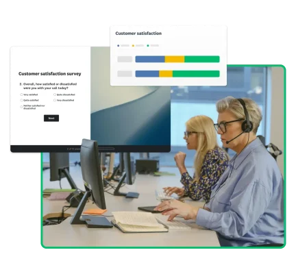 Two people working at a call centre. Next to them are screenshots of a customer satisfaction survey asking customers how satisfied they are with their call today and of bar charts showing customer satisfaction results.
