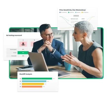 Two people sitting talking at a laptop, with screenshots titled Ad testing scorecard, Price Sensitivity (Van Westendorp) & MaxDiff Analysis.