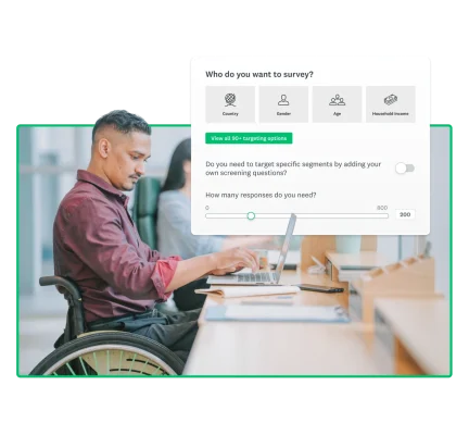 A man in a wheelchair working on laptop next to a screenshot of a survey setup