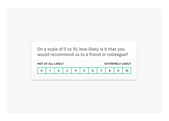 A Net Promoter Score (NPS) question reading: “On a scale of 0 to 10, how likely is it that you would recommend us to a friend or colleague?”