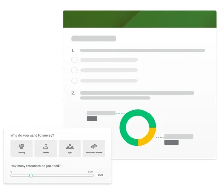 A survey with a doughnut chart and a modal reading “Who do you want to survey?” and “How many responses do you need?”