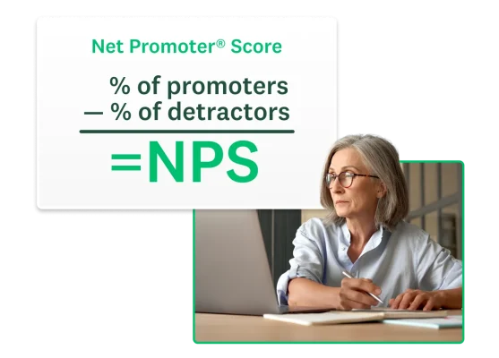 A woman on her computer with an NPS equation floating around her.