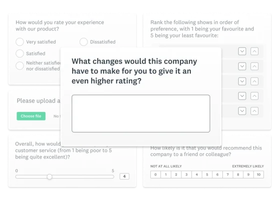 Product screenshots showing different survey question types