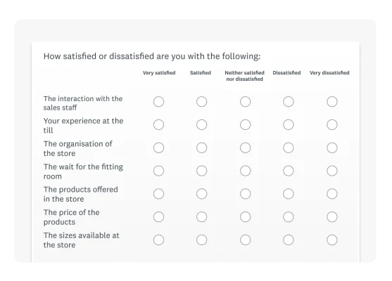 A product screenshot of a matrix survey question type