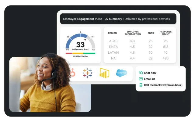 A woman wearing a headset looking at a computer next to the results for an employee engagement pulse Q2 summary; the NPS is 33