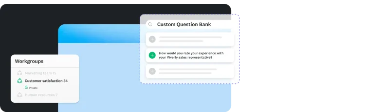 A workgroups modal and a custom question bank modal showing various survey questions