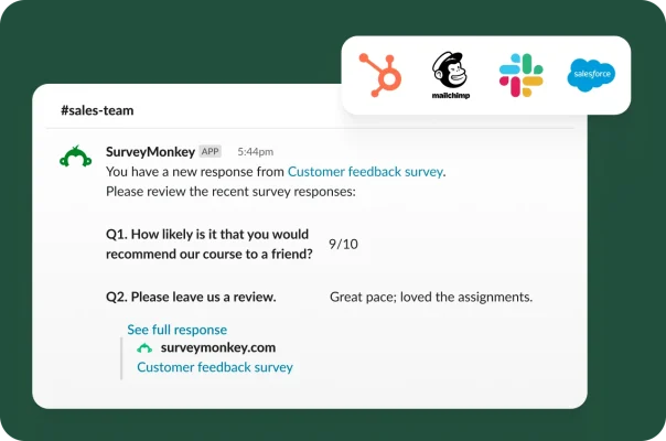 A Slack notification showing a new customer survey response and a recommendation score, with integration logos.