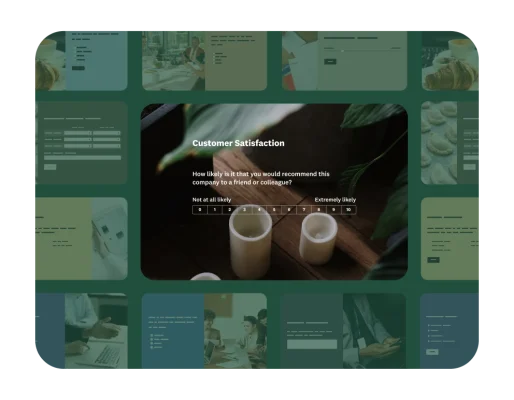 A grid of images with a close-up of a customer satisfaction survey using an NPS scale.