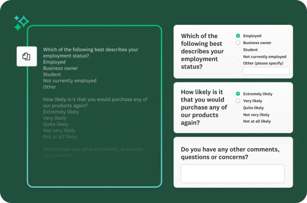 A screen showing a block of raw survey questions pasted on the left and the platform automatically formatting them into interactive survey questions on the right.